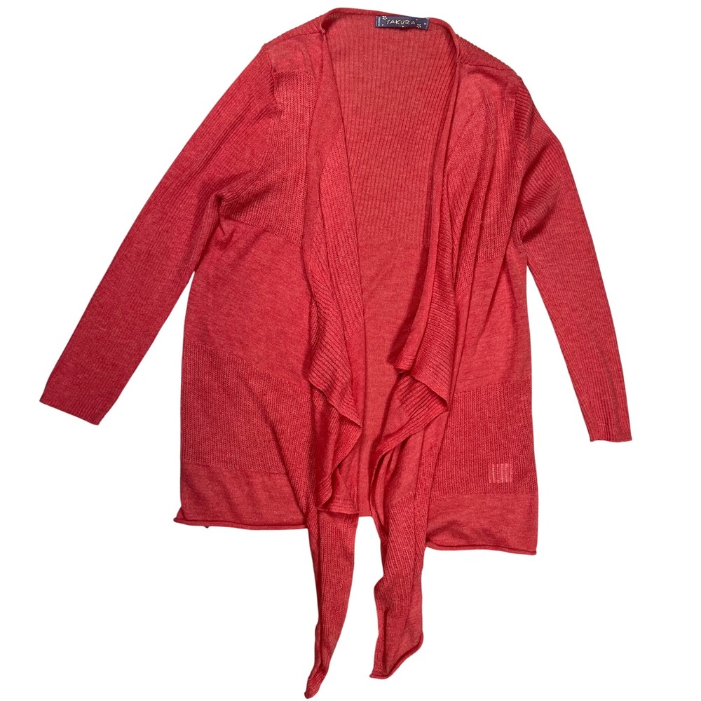 Sakura Women's Salmon Pink Knit Open Cardigan Sz Medium‎ Waterfall Lightweight
